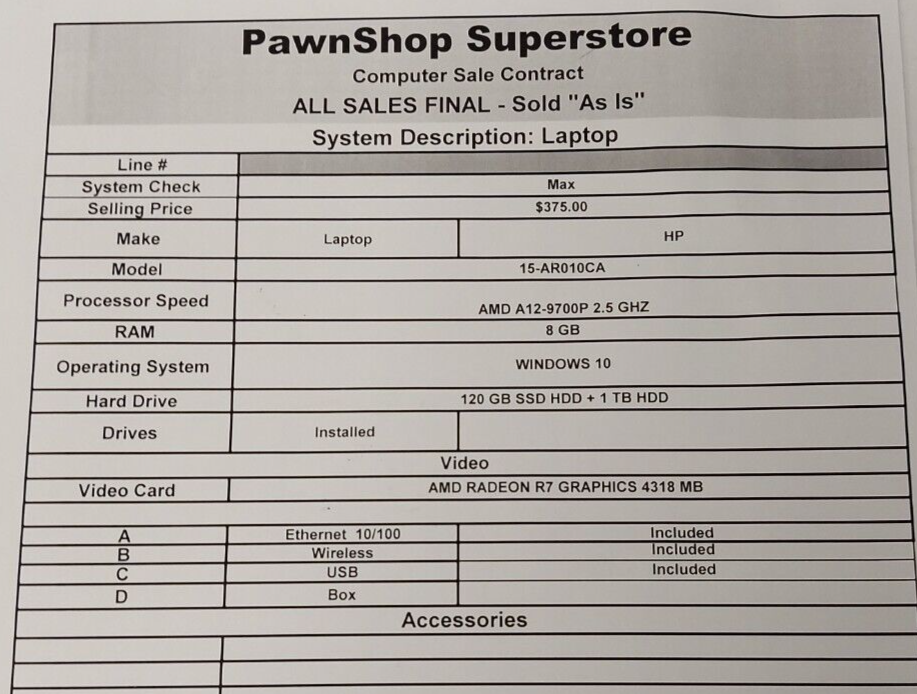 (N80528-1) HP 15-AR010CA Laptop w/ charger