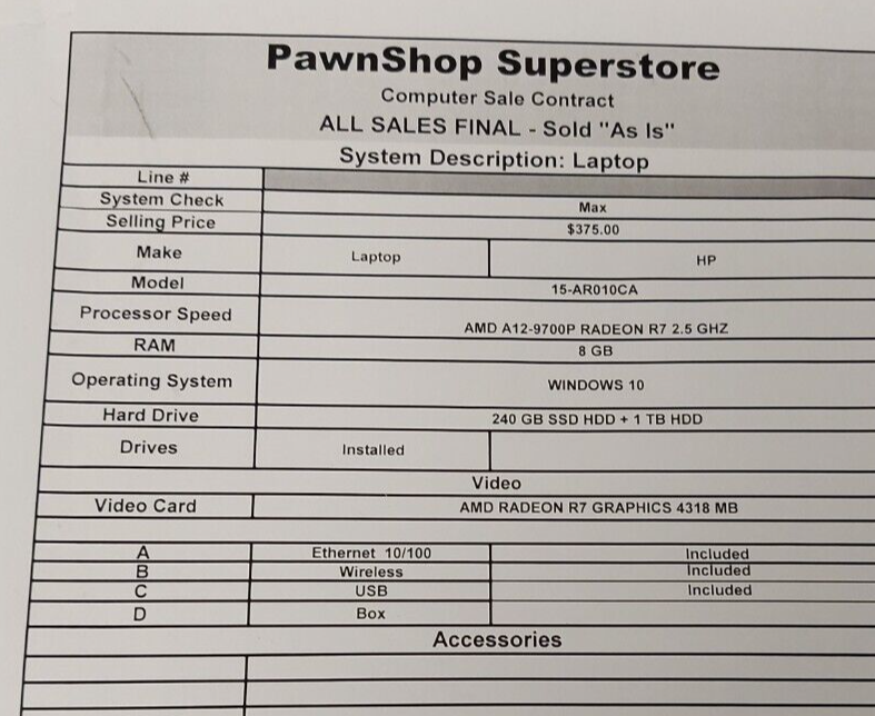 (N73675-1) HP 15-AR010CA Laptop w/ charger
