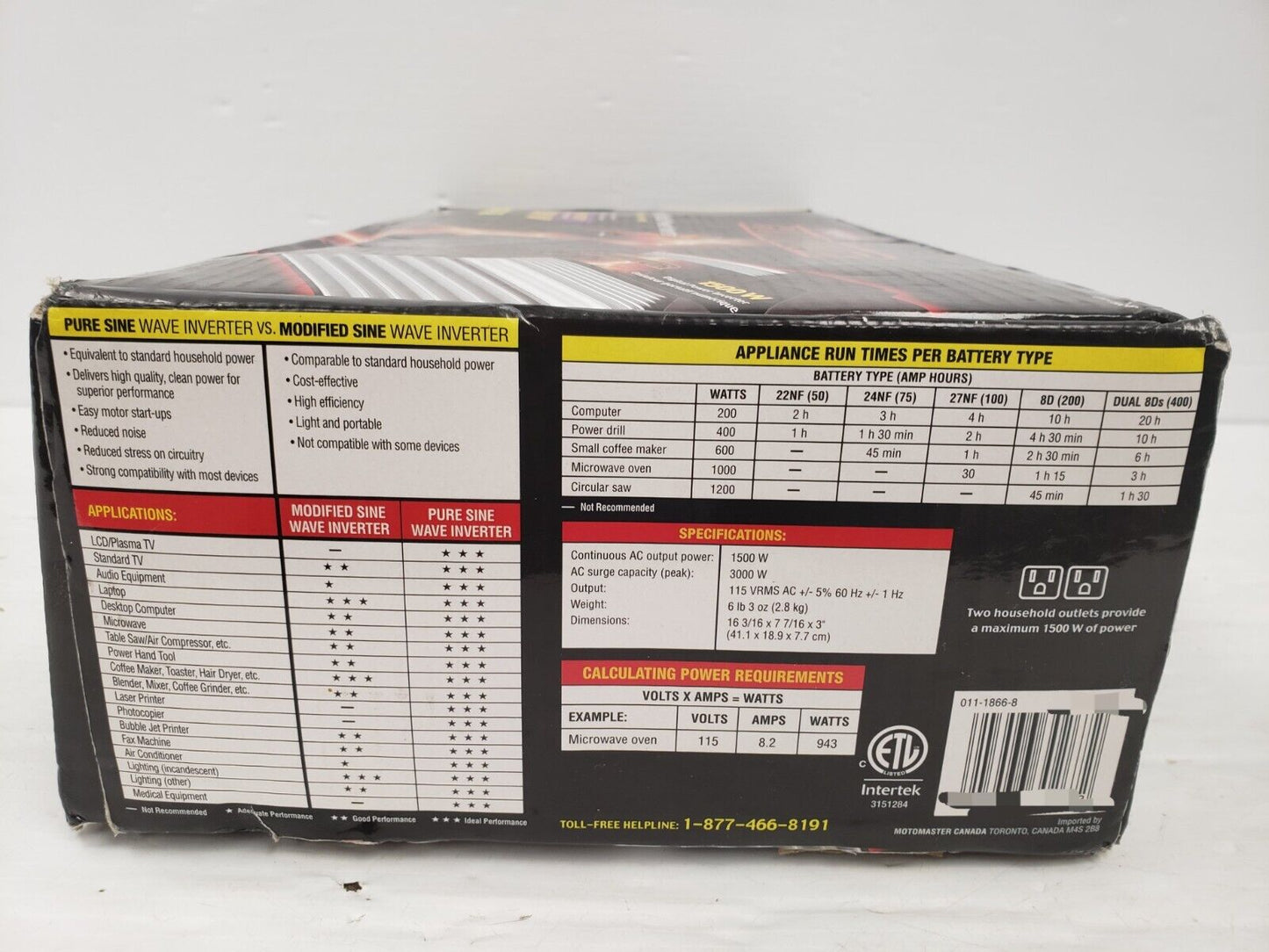 (66724-1) Motomaster Eliminator 011-1866-8 Mobile Digital Power Inverter