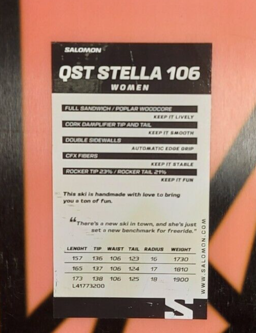 (N81048-1) Skis Solaman Stella106 avec fixations