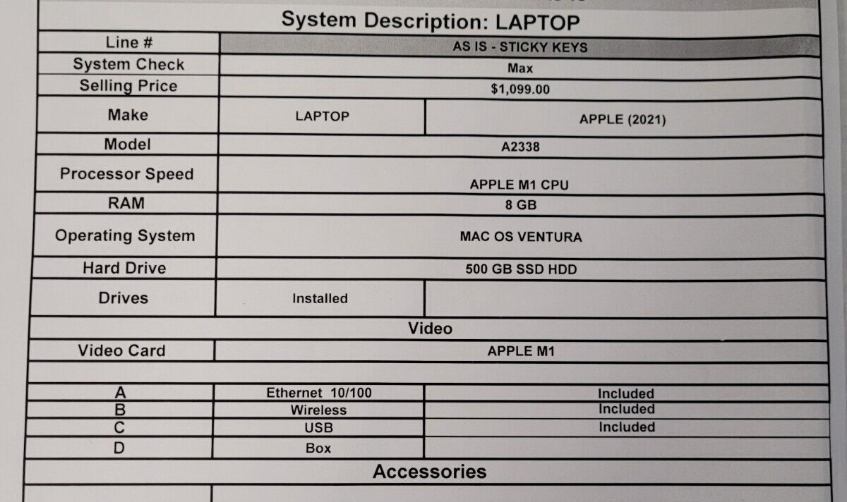 (N78627-1) Apple A2338 Laptop