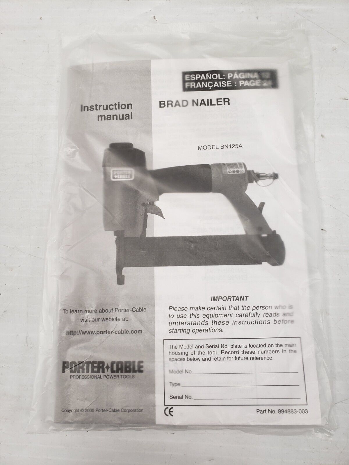 (56256-2) Cloueuse pneumatique Porter And Cable BN125A