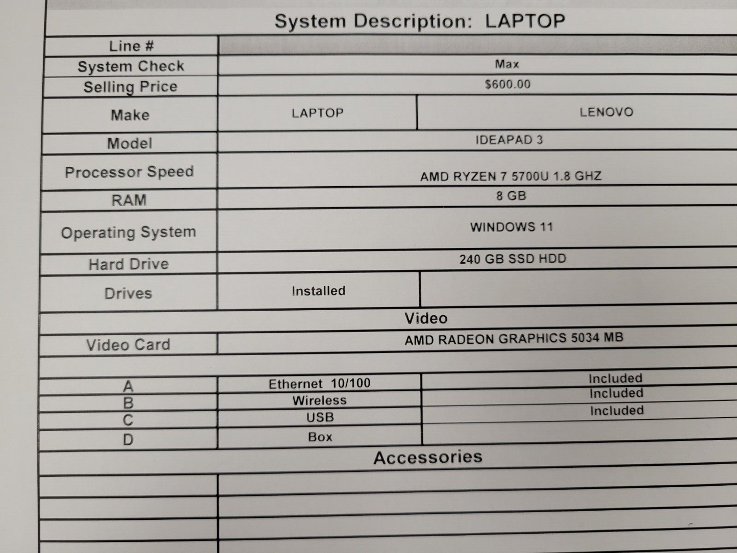 (55828-1) Lenovo Idea Pad 3 Laptop