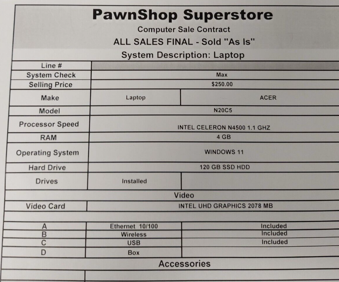 (N79883-1) Acer N20C5 Laptop