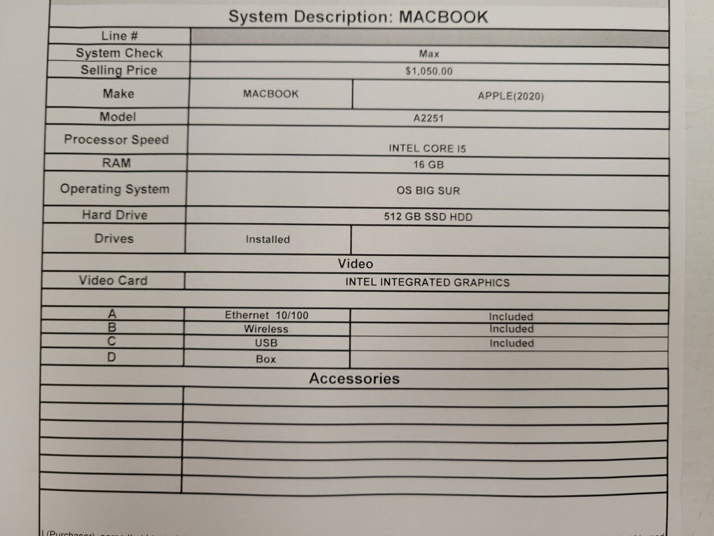 (43685-1) Apple (2020) A2251 Laptop