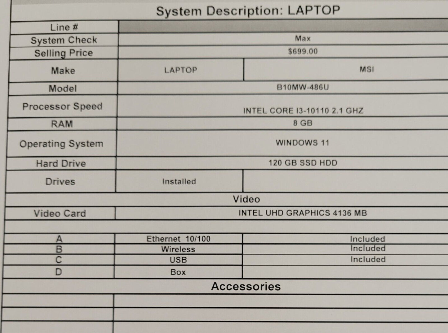 (62194-1) MSI B10MW-486U Laptop