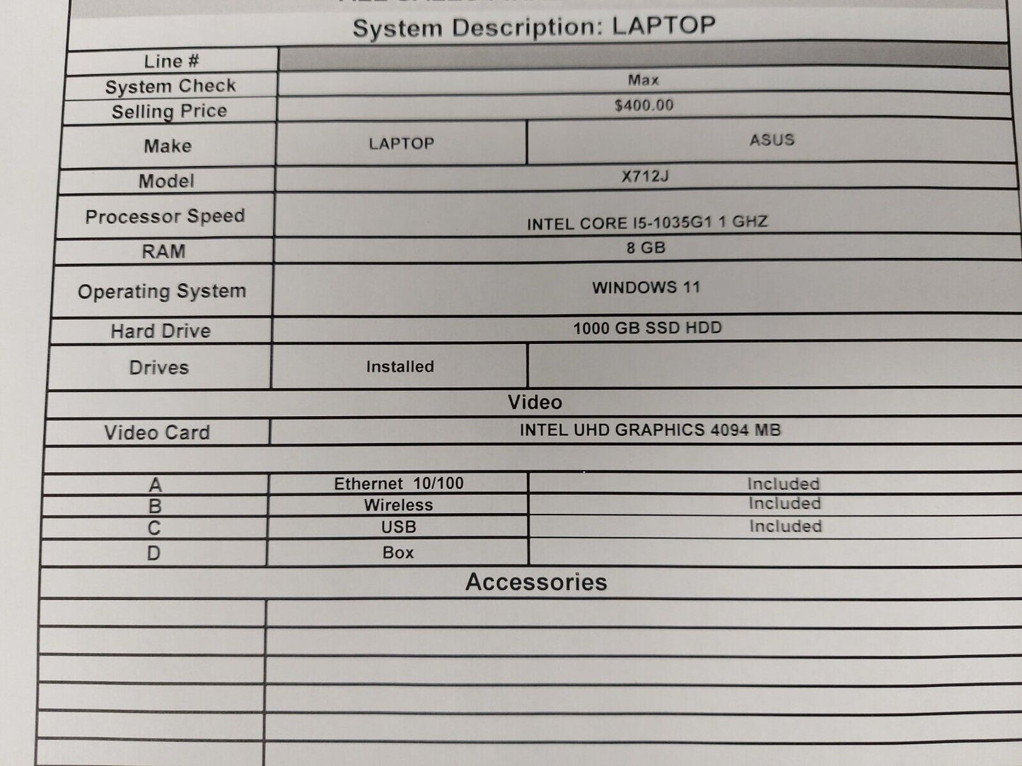 (N83667-1) Asus X712J Laptop