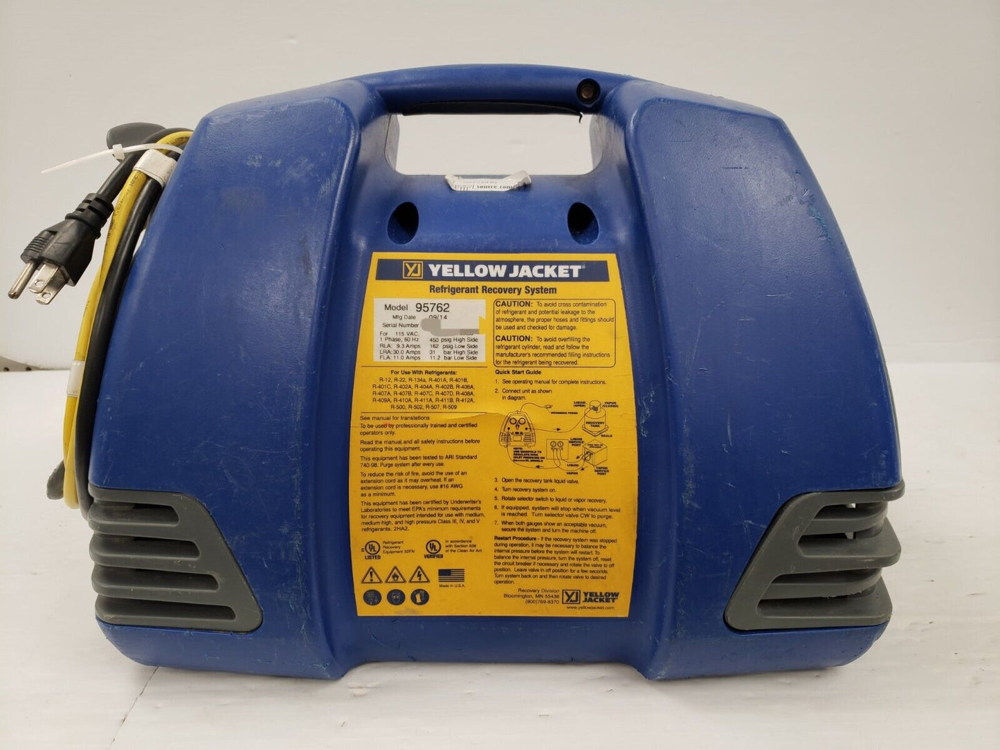 (63435-1) Yellow Jacket 95762 Refrigerant Recovery System