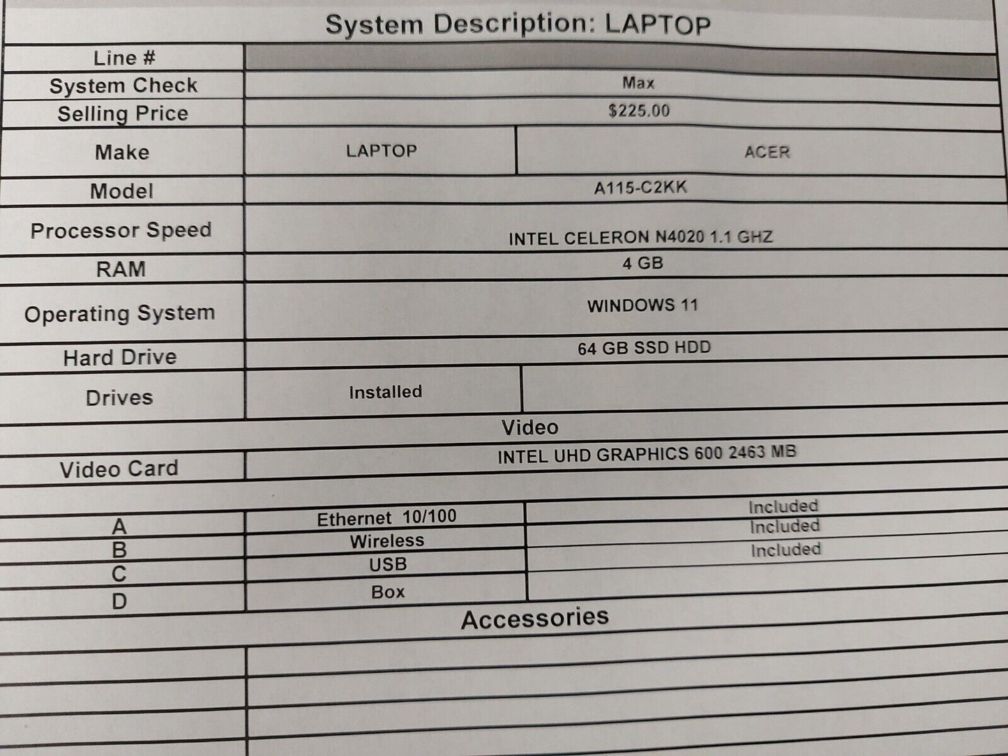 (N84950-1) Acer A115-31-C2KK Laptop