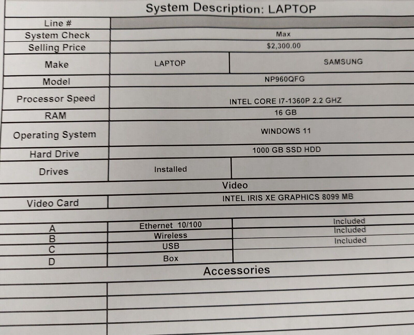 (N82060-1) Samsung NP960QFG Laptop