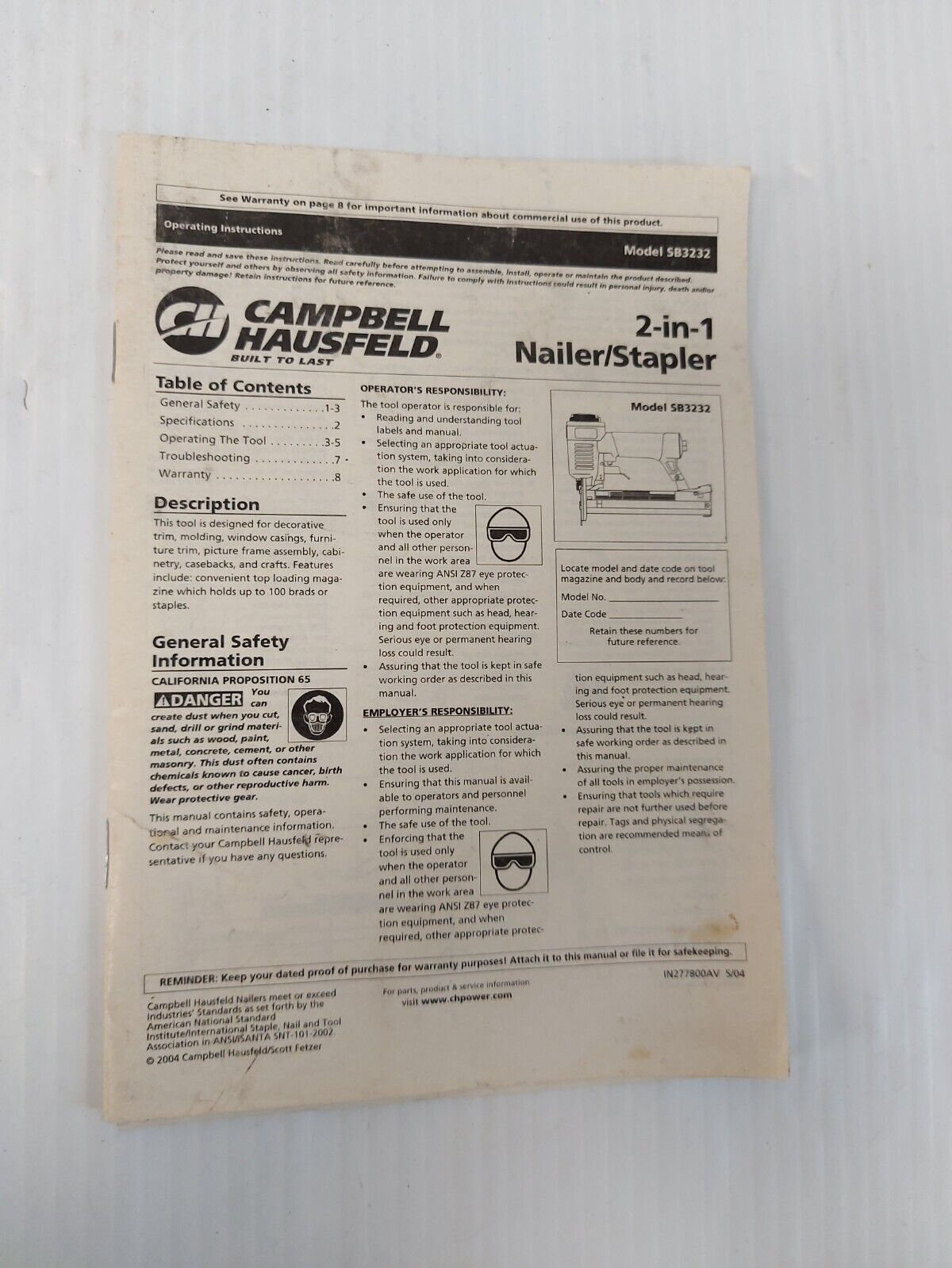 (N83721-1) Campbell Hausfeld SB323201AV 2 in 1 Nailer and Stapler