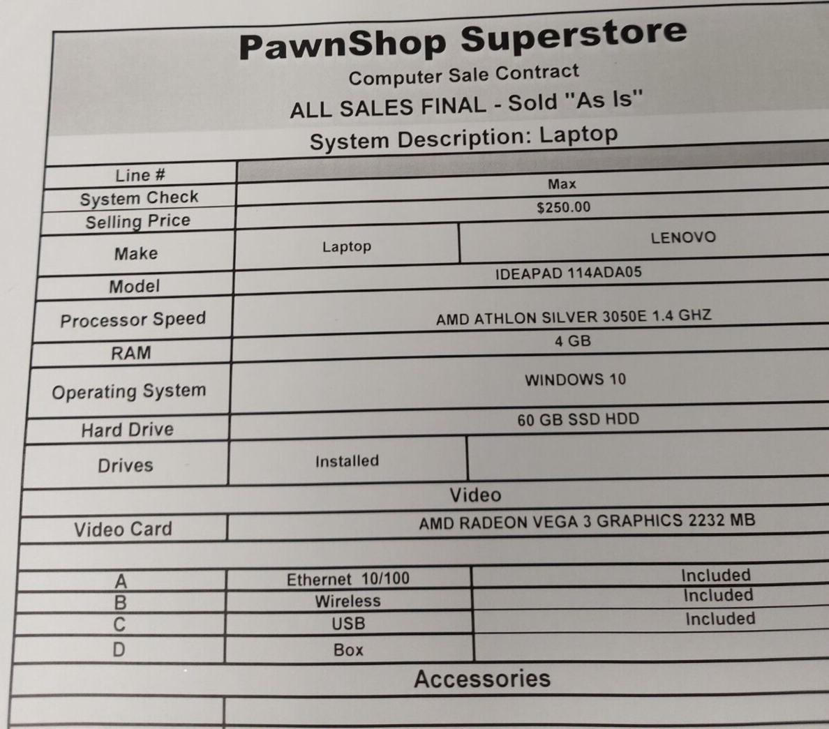 (N80441-1) Lenovo Idea Pad 114ADA05 Laptop