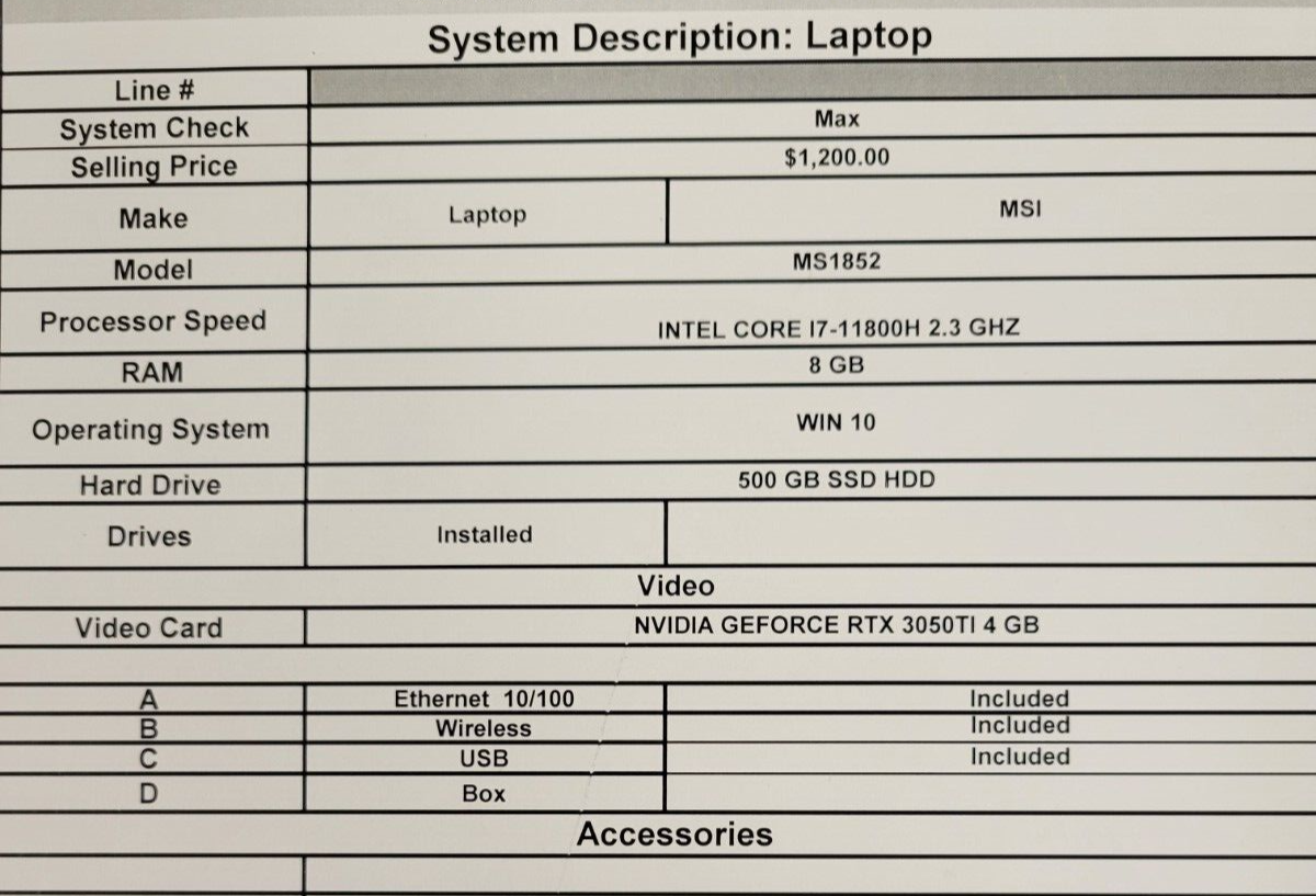 (47696-1) MSI MS1852 Gaming Laptop