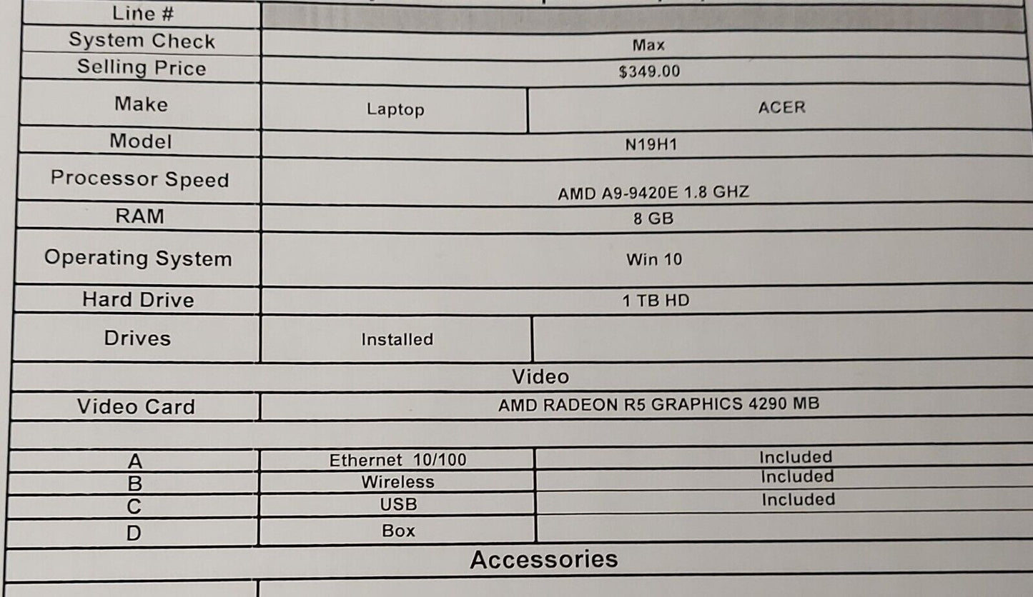 (N75729-3) Acer N19H1 Laptop w/ Charger