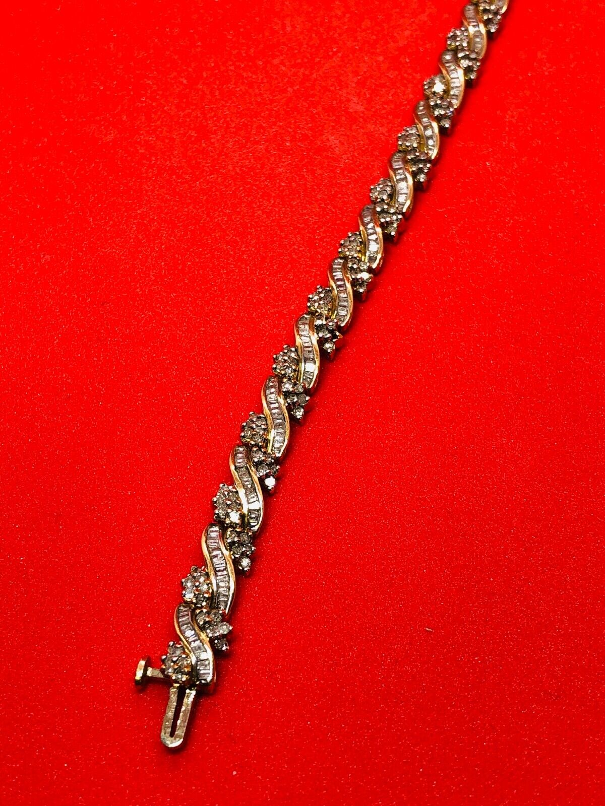 (N47913) GOLD TENNIS BRACELET - 10k, 220 Round, 220 Baguette Cut Diamonds