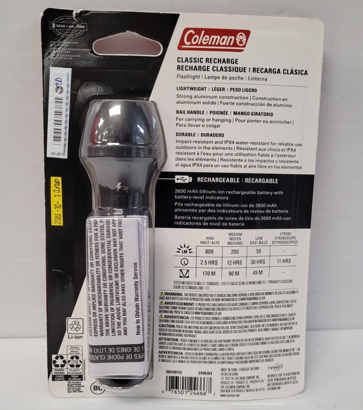 (N78931-1) Coleman 2155761 Lampe de poche rechargeable classique